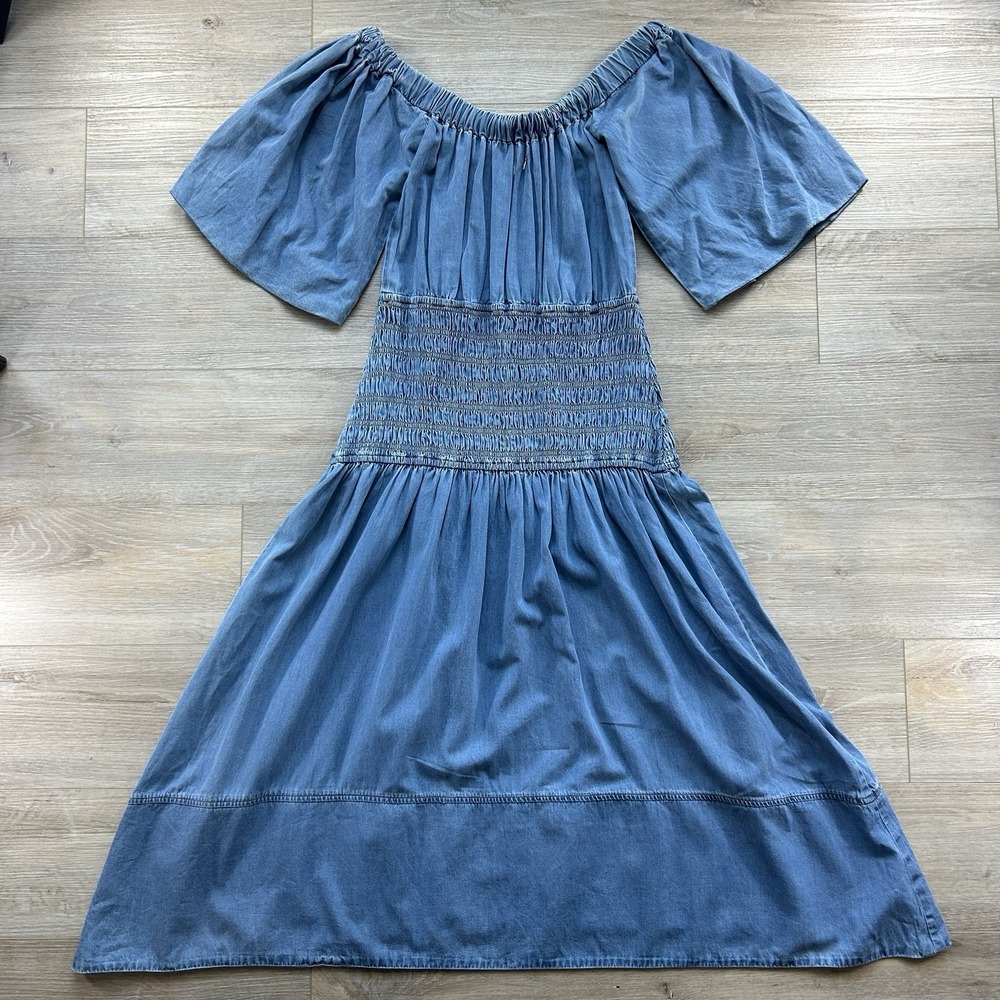 NWT Misa Los Angeles Medium Blue Denim Smocked Drop Waist Puff Sleeve Midi Dress - Picture 4 of 12